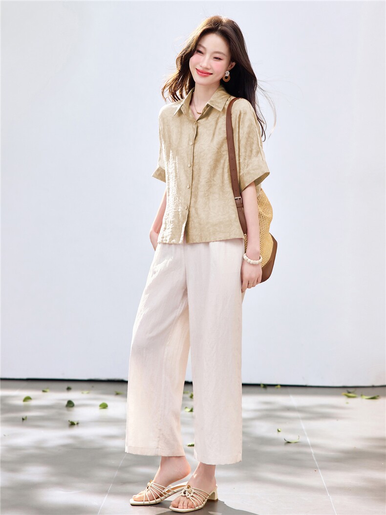 长期现货2026年夏季冰天丝时尚休闲两件套装提花衬衫休闲阔腿裤女,女装套装/套裙,璐依舞