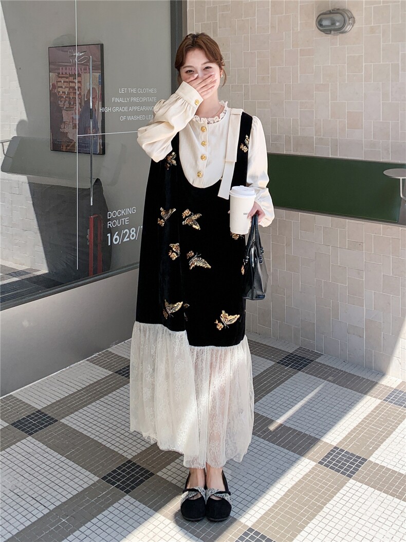 法式高级感假两件拼接连衣裙女2025秋季新款独特别致宽松显瘦长裙,女装连衣裙,2C032