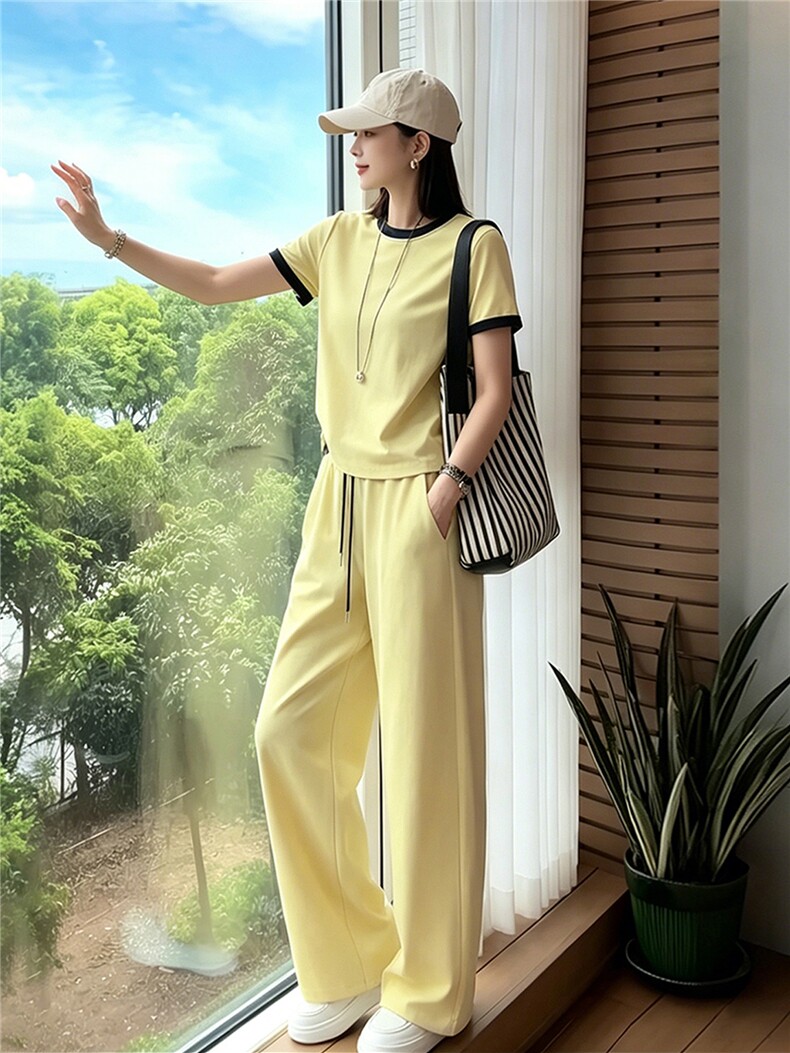 女夏季新款时尚运动套装宽松显瘦圆领拼接短袖上衣阔腿长裤两件套,女装套装/套裙,江南
