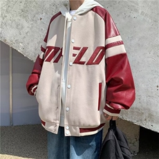美式高街字母印花棒球服外套男秋季港风潮牌pu皮拼接夹克情侣褂子，男装夹克，星座716-4