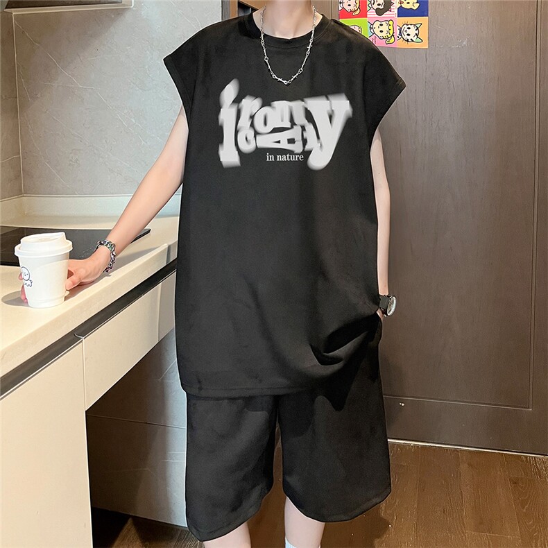直播美式麂皮绒宽松背心无袖t恤短裤大码两件套套装 TZ109-P58图片