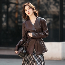 BAO款欧版气质大翻领显瘦超柔蛋白皮设计感系带短款PU皮风衣外套，女装皮衣，潮流依族