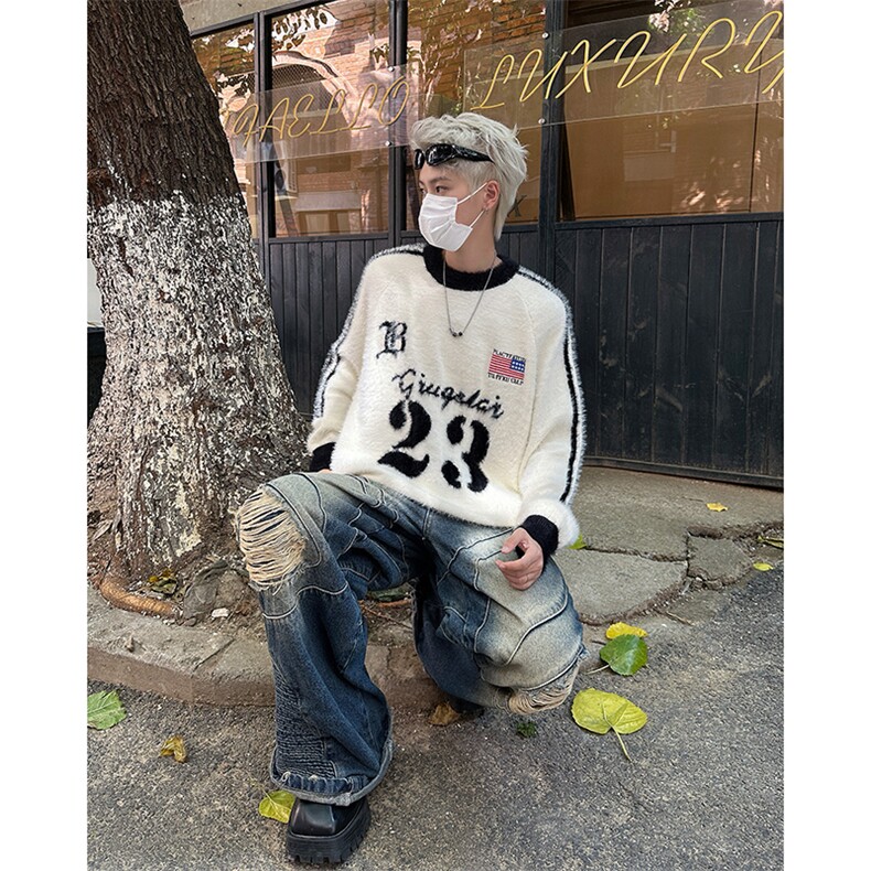 秋冬季美式潮牌字母提花水貂毛针织衫圆领宽松保暖慵懒风毛衣,男装针织衫/毛衣,星座410-7