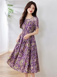 绝美紫色碎花连衣裙女2025夏季新款洋气减龄收腰显瘦小个子印花裙图片