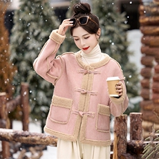 【现货】2024年冬季新款圆领大口袋宽松短款仿羊羔毛皮毛一体外套，女装羊羔毛/颗粒绒，乐吉娜