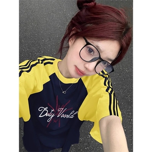夏季美式高街重磅纯棉三条杠织带插肩撞色男女短袖T恤CZ109-特P25图片
