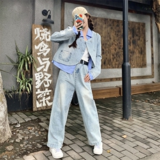 条纹拼接牛仔套装女春秋流行盐系炸街小众冷淡系两件套爆款搭配，女装套装/套裙，2C239