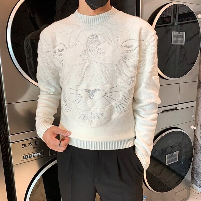 针织衫男秋冬圆领羊毛衫上衣个性百搭线衣男装年新款提花烫钻,男装针织衫/毛衣,星座1013