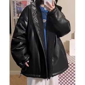 pu皮羊羔毛外套男女冬加厚两面穿棉服韩版宽松ins棉袄潮M8005