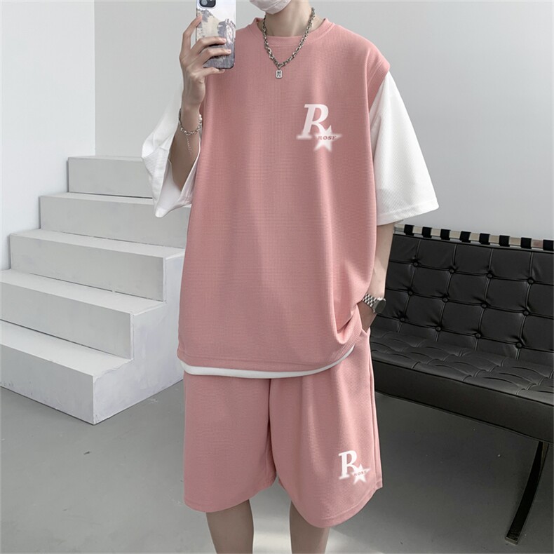 华夫格套装潮流休闲短袖短裤两件套FTZ3037-P55控78,男装休闲套装,电商B370