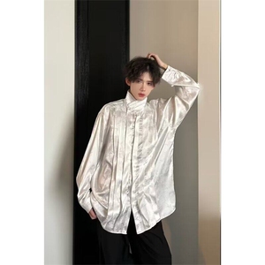 春秋改良中式缎面提花复古长袖衬衣男女珍珠扣立领小众个性衬衫男图片