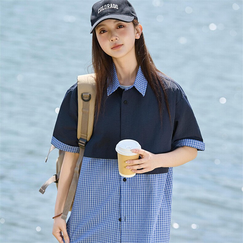 撞色夏季薄款短袖衬衫半袖衬衣新款宽松上衣女A406C6059特P40,男装衬衫,星座309（原A406）