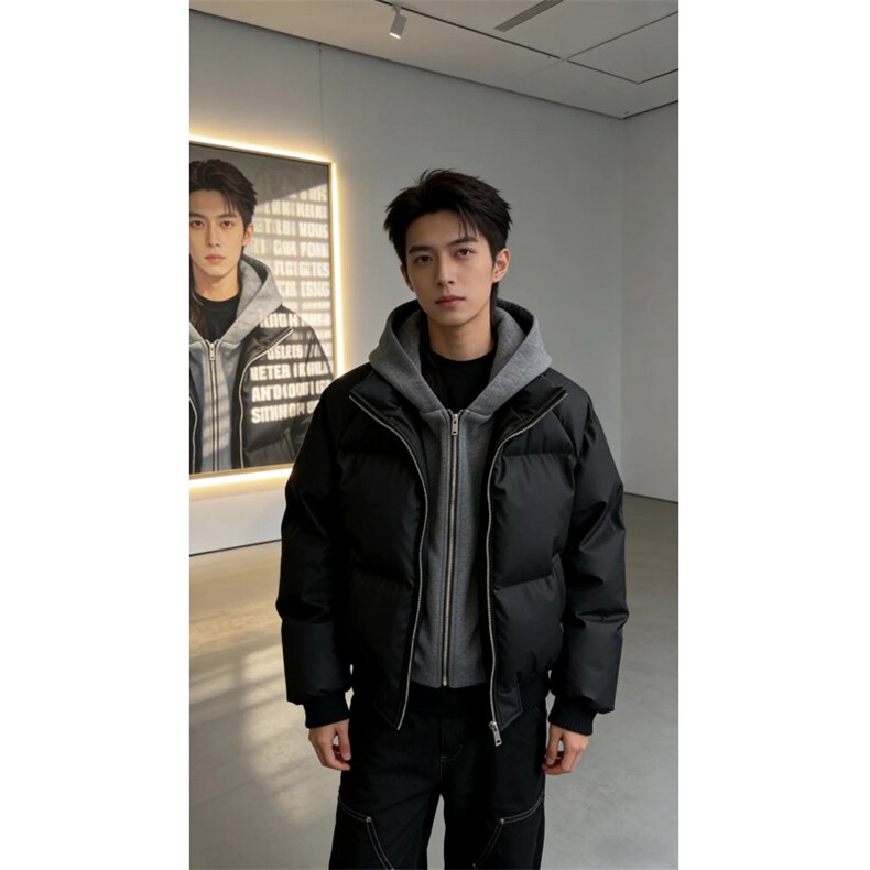 网图 美式假两件pu皮短款棉服男款冬季加厚工装棉袄连帽外套特P85图片