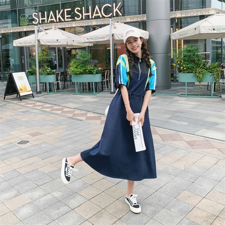 撞色条纹休闲卫衣裙女中长款夏季收腰设计感polo领针织t恤连衣裙，女装连衣裙，帛香坊