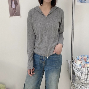 双拉链连帽针织开衫女薄款宽松坑条显瘦精纺羊毛衫女外套帽衫图片