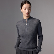 老钱风半拉链100纯羊毛针织衫女法式高端精纺灰色毛衣通勤打底衫，女装羊毛衫，蚂蚁派对工厂直营店