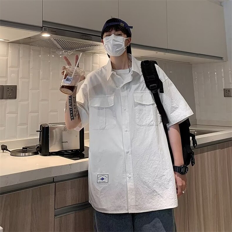 工装短袖衬衫男士夏季2023新款美式潮牌潮流白色衬衣CS57 P33图片