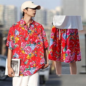 TZP风东北大花汉服套装polo衫短裤大码花TEE套装团队服休闲装图片