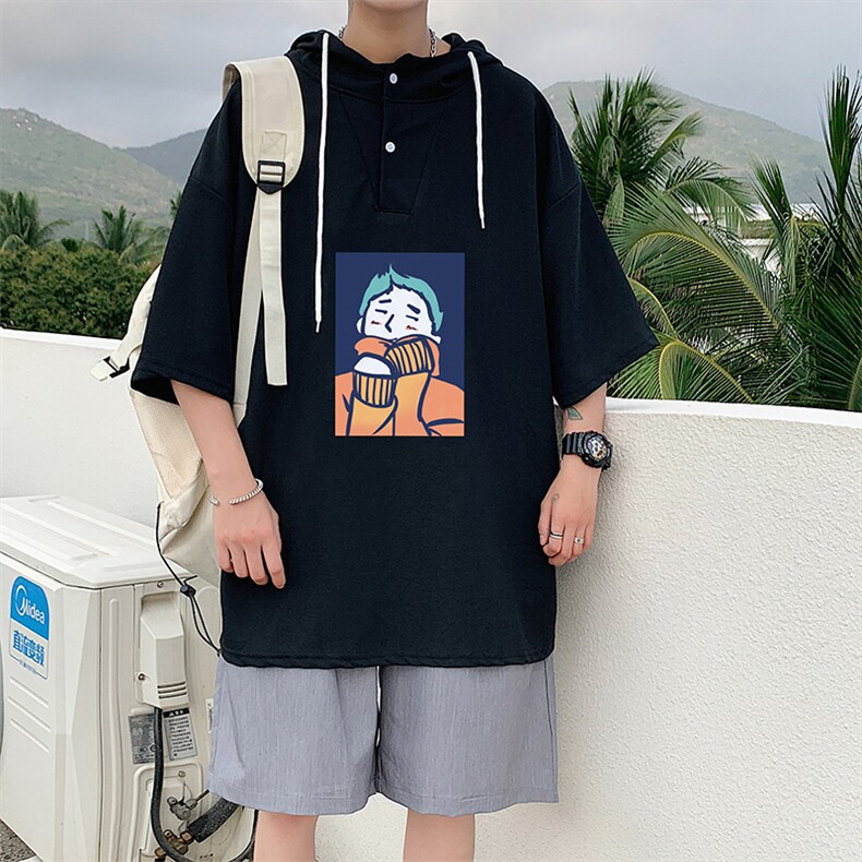 LD54042-P45连帽短袖t恤男大码胖子带帽五分袖中袖,男装T恤,电商A040