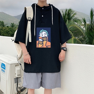 LD54042-P45 连帽短袖t恤男大码胖子带帽五分袖中袖图片