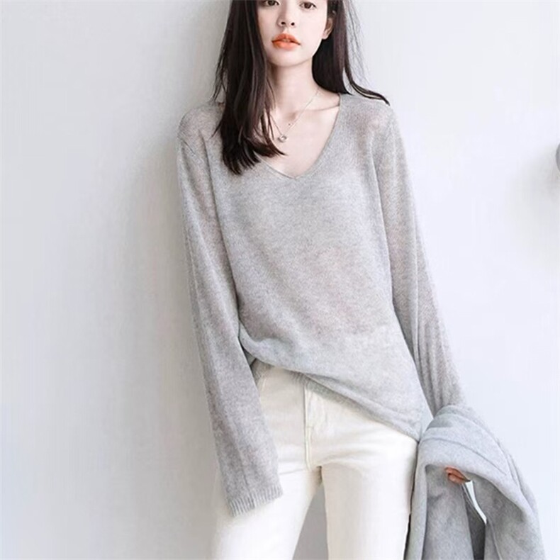 简约长袖针织衫女士宽松百搭显瘦精纺V领长袖针织衫,针织衫/毛衣,唯若美羊绒