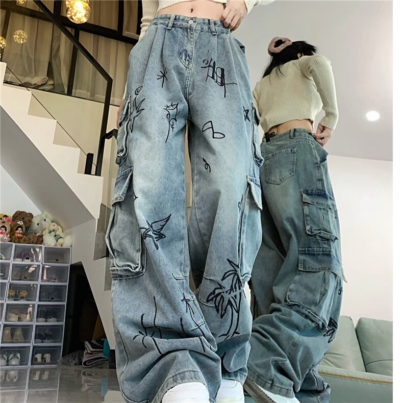 复古多口袋工装裤秋冬水洗牛仔裤街头阔腿休闲裤子网图NZK822-P75,男装牛仔裤,星座302B-2