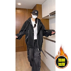 现货高品质美式高街重磅座山雕连帽pu皮棉衣男女加厚毛毛绒冬外套，男装皮衣，电商A443