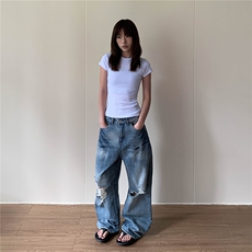 美式高街破洞刺绣牛仔裤女新款直筒宽松百搭休闲长裤NA18-P56，男装牛仔裤，星座208-5