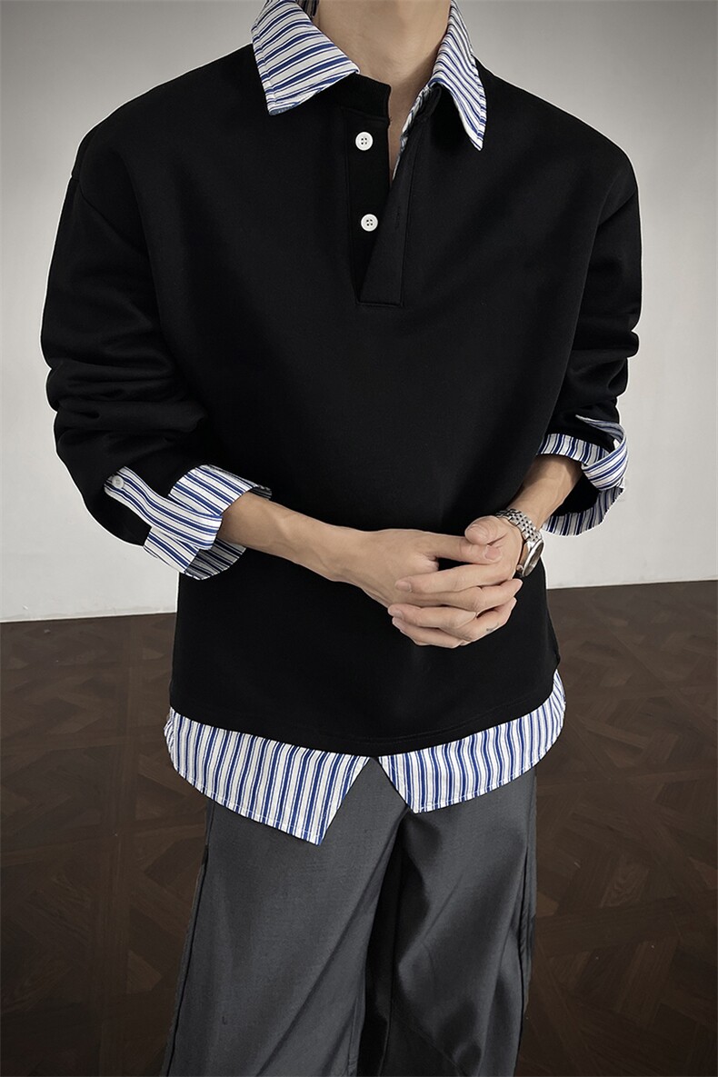 2025秋新款条纹衬衫假两件Polo领长袖宽松长袖卫衣GW08-P60控89,男装卫衣,星座216(原A116)
