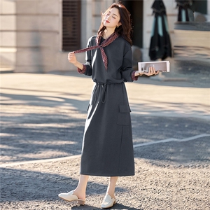 黑色格子拼接学院风套装裙女2025秋季新款休闲卫衣半身长裙两件套图片