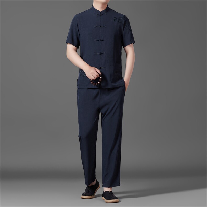 中老年唐装男士爸爸夏季风棉麻套装爷爷老人衬衫套装，男装衬衫，钱塘6003B