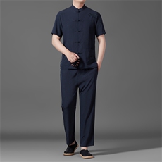 中老年唐装男士爸爸夏季风棉麻套装爷爷老人衬衫套装，男装衬衫，钱塘6003B