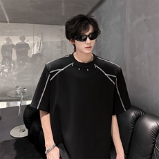 重磅坎线设计圆领夏季T恤垫肩金属装饰美式潮牌绗线短袖906P40，男装T恤，电商A458A