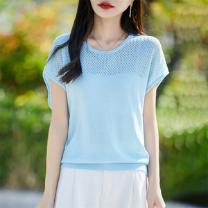 夏季100%天丝镂空针织短袖T恤女气质百搭圆领小飞袖T恤上衣打底薄,女装针织衫/毛衣,暖烁羊绒