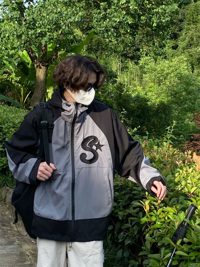 春秋冬款工装连帽夹克潮流拼色宽松百搭户外冲锋衣外套Z211-P65,男装夹克,星座1007（原301D）