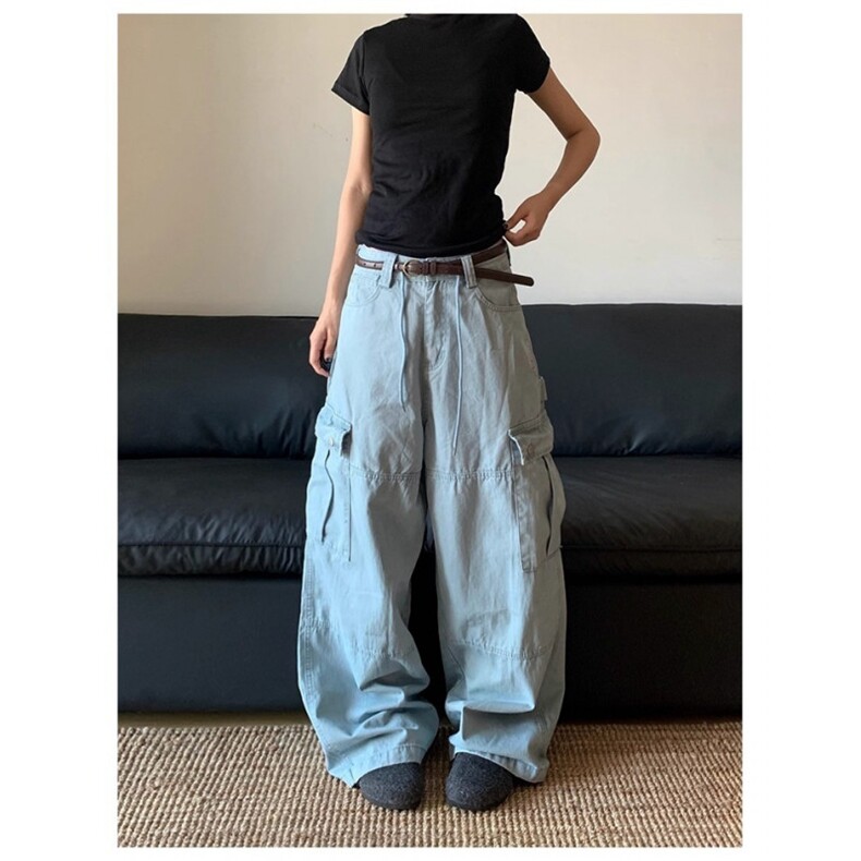 美式复古大口袋垂感工装裤男女宽松阔腿拖地长裤休闲裤NZ1317图片