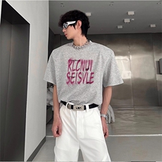 抖音得物供货210克现货宽松纯棉美式潮牌印花落肩袖纯棉T恤AT2165，男装T恤，电商A443