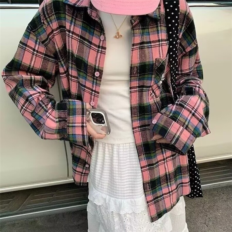 粉色甜酷撞色格子衬衫女春秋季宽松气质长袖上衣XCS59,男装衬衫,星座208-5