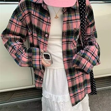 粉色甜酷撞色格子衬衫女春秋季宽松气质长袖上衣XCS59，男装衬衫，星座208-5