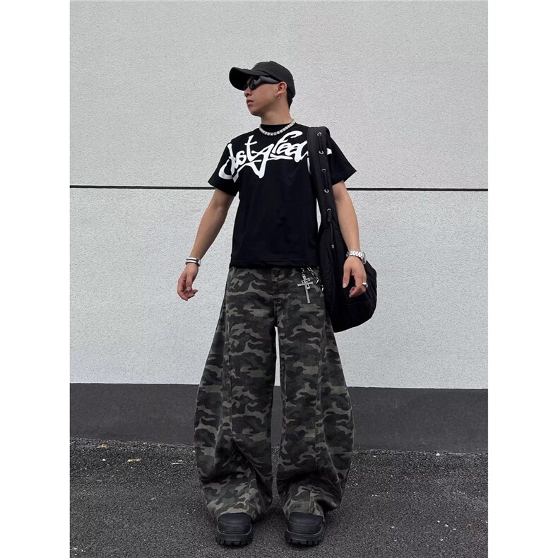 美式微喇迷彩工装牛仔裤2025春新款高腰宽松百搭时尚阔腿拖地裤,男装牛仔裤,星座1210-1