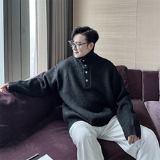 网图老钱风半高领毛衣男秋冬重磅800g纽扣针织衫外套-A2329TP68，男装针织衫/毛衣，电商B241