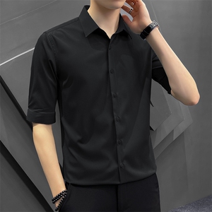 冰丝夏季衬衫男韩版修身潮流五分袖商务高级感白衬衣8315P65控118图片