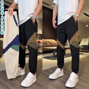 男士夏季薄款拼色束脚休闲裤松紧腰拼接小脚裤潮流个性时尚哈伦裤图片