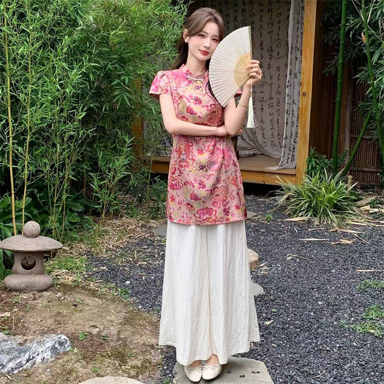 慕未家J夏装新款立领打褶中长上衣松紧腰短裤时尚国风套装熹58298,女装套装/套裙,玖莱伊