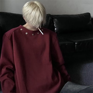 酒红色长袖t恤男秋季柳钉美式复古打底衫春秋款大码重磅圆领卫衣图片