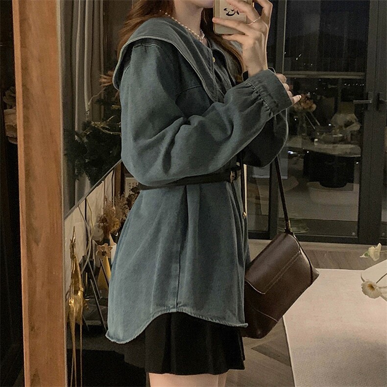 秋季复古高级感娃娃领小个子牛仔衬衫女宽松气质上衣外套C632-88,男装衬衫,星座911-2(原星座613-2）