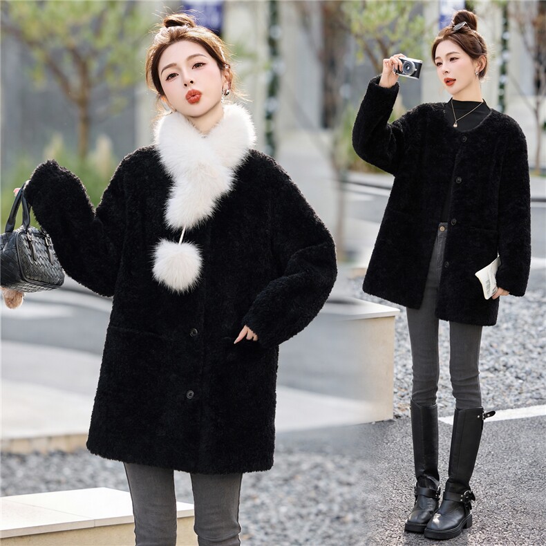 春慵懒风环保羊羔毛外套女秋冬时尚宽松加厚皮毛一体休闲减龄上衣，女装羊羔毛/颗粒绒，意芙