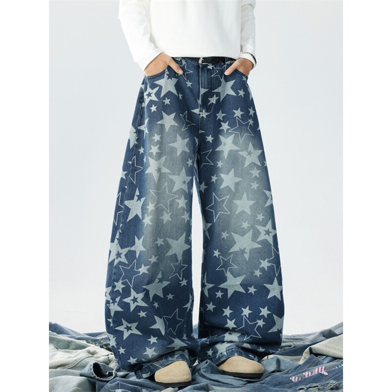 美式复古满印星星牛仔裤女秋季新款直筒阔腿裤弯刀裤子N797-P52，男装牛仔裤，星座308B-2