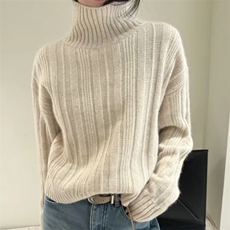 秋冬新款100%纯羊毛衫女高领坑条加厚针织毛衣宽松打底羊绒衫上衣，女装羊毛衫，胜智羊绒