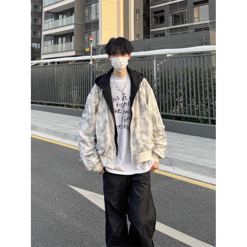 美式覆古春秋扎染假两件拼接设计痞帅男女飞行夹克JK215图片